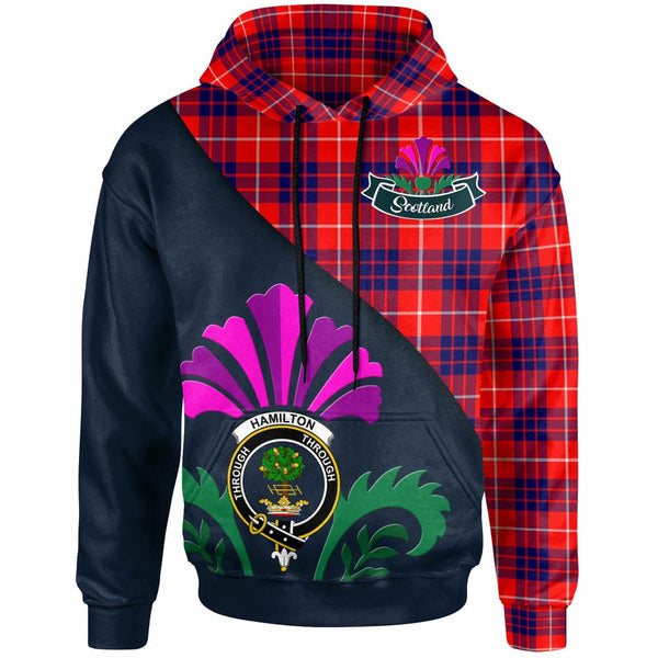 Scottish Hamilton Clan Crest Tartan Hoodie - Scotland Thistle Style Front Side Tartan Plaid