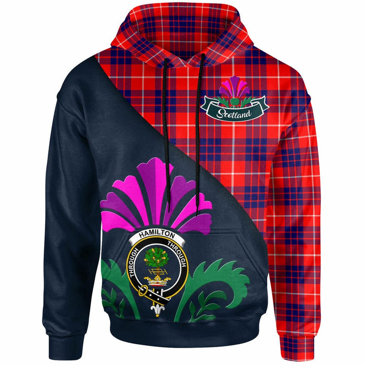 Scottish Hamilton Clan Crest Tartan Hoodie - Scotland Thistle Style Front Side Tartan Plaid