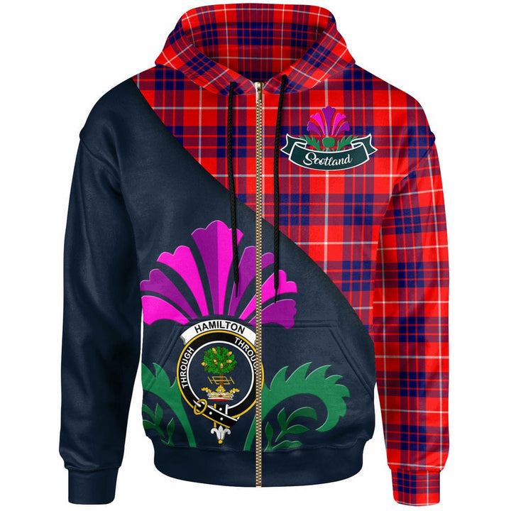 Scottish Hamilton Clan Crest Tartan Hoodie - Scotland Thistle Style Zip-up Tartan Plaid