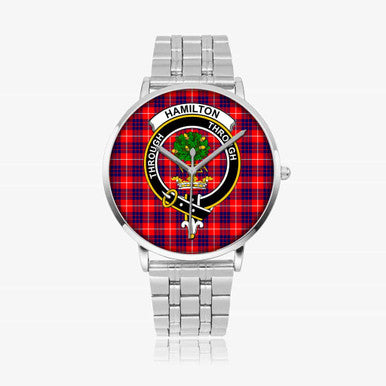 Scottish Hamilton Clan Crest Tartan Instafamous Steel Quartz Watches Tartan Plaid Silver 1