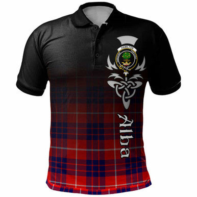 Scottish Hamilton Clan Crest Tartan Polo Shirt - Alba Gu Brath Family Crest Celtic Inspired Front Side Tartan Plaid