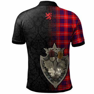 Scottish Hamilton Clan Crest Tartan Polo Shirt - Half Thistle Flowers Celtic Design Back Side Tartan Plaid