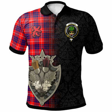 Scottish Hamilton Clan Crest Tartan Polo Shirt - Half Thistle Flowers Celtic Design Front Side Tartan Plaid