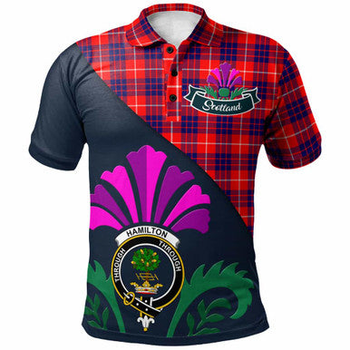 Scottish Hamilton Clan Crest Tartan Polo Shirt - Scotland Thistle Style Front Side Tartan Plaid
