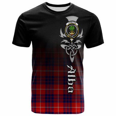 Scottish Hamilton Clan Crest Tartan T-Shirt - Alba Gu Brath Family Crest Celtic Inspired Front Side Tartan Plaid