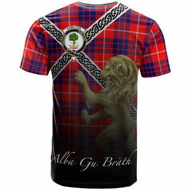 Scottish Hamilton Clan Crest Tartan T-Shirt - Celtic With Scotland Lion Back Side Tartan Plaid