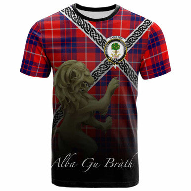 Scottish Hamilton Clan Crest Tartan T-Shirt - Celtic With Scotland Lion Front Side Tartan Plaid