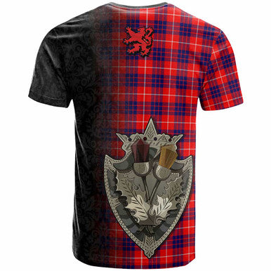 Scottish Hamilton Clan Crest Tartan T-Shirt - Half Thistle Flowers Celtic Design Back Side Tartan Plaid