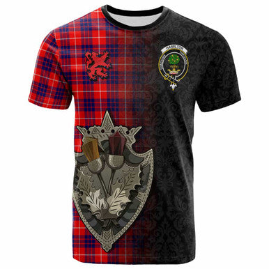 Scottish Hamilton Clan Crest Tartan T-Shirt - Half Thistle Flowers Celtic Design Front Side Tartan Plaid