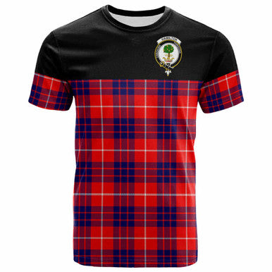 Scottish Hamilton Clan Crest Tartan T-Shirt - Horizontal Style Front Side Tartan Plaid