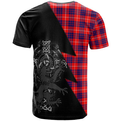 Scottish Hamilton Clan Crest Tartan T-Shirt - Lion Rampant Celtic Cross Flash Style Back Side Tartan Plaid