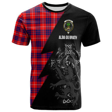 Scottish Hamilton Clan Crest Tartan T-Shirt - Lion Rampant Celtic Cross Flash Style Front Side Tartan Plaid