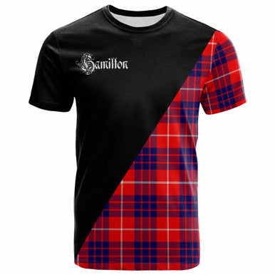 Scottish Hamilton Clan Crest Tartan T-Shirt - Military Logo Front Side Tartan Plaid