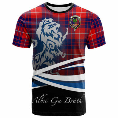 Scottish Hamilton Clan Crest Tartan T-Shirt - Scotland Lion Front Side Tartan Plaid