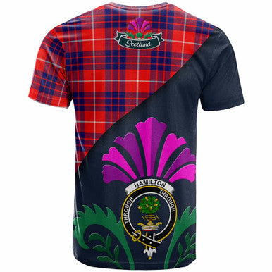 Scottish Hamilton Clan Crest Tartan T-Shirt - Scotland Thistle Style Back Side Tartan Plaid