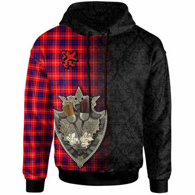 Scottish Hamilton Modern Clan Tartan Hoodie - Half Thistle Flowers Celtic Design Front Side Tartan Plaid