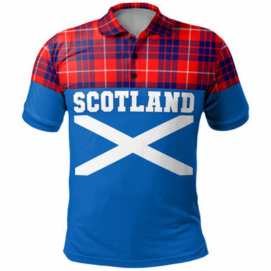 Scottish Hamilton Modern Clan Tartan Polo Shirt - Lion Rampant of Scotland With Flag Front Side Tartan Plaid