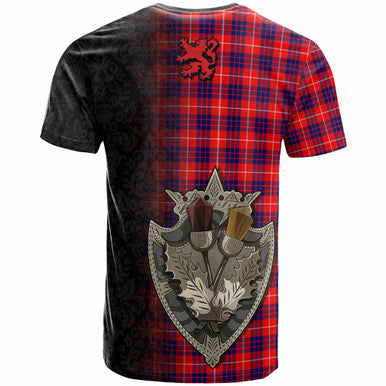 Scottish Hamilton Modern Clan Tartan T-Shirt - Half Thistle Flowers Celtic Design Back Side Tartan Plaid