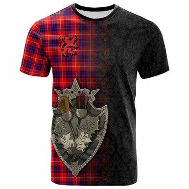 Scottish Hamilton Modern Clan Tartan T-Shirt - Half Thistle Flowers Celtic Design Front Side Tartan Plaid