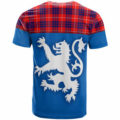 Scottish Hamilton Modern Clan Tartan T-Shirt - Lion Rampant of Scotland With Flag Back Side Tartan Plaid