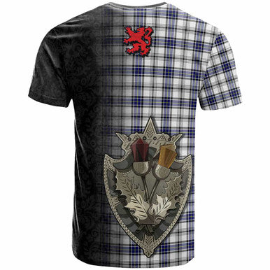 Scottish Hannay Modern Clan Tartan T-Shirt - Half Thistle Flowers Celtic Design Back Side Tartan Plaid