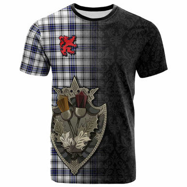 Scottish Hannay Modern Clan Tartan T-Shirt - Half Thistle Flowers Celtic Design Front Side Tartan Plaid
