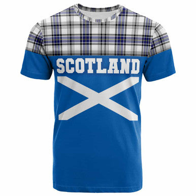 Scottish Hannay Modern Clan Tartan T-Shirt - Lion Rampant of Scotland With Flag Front Side Tartan Plaid