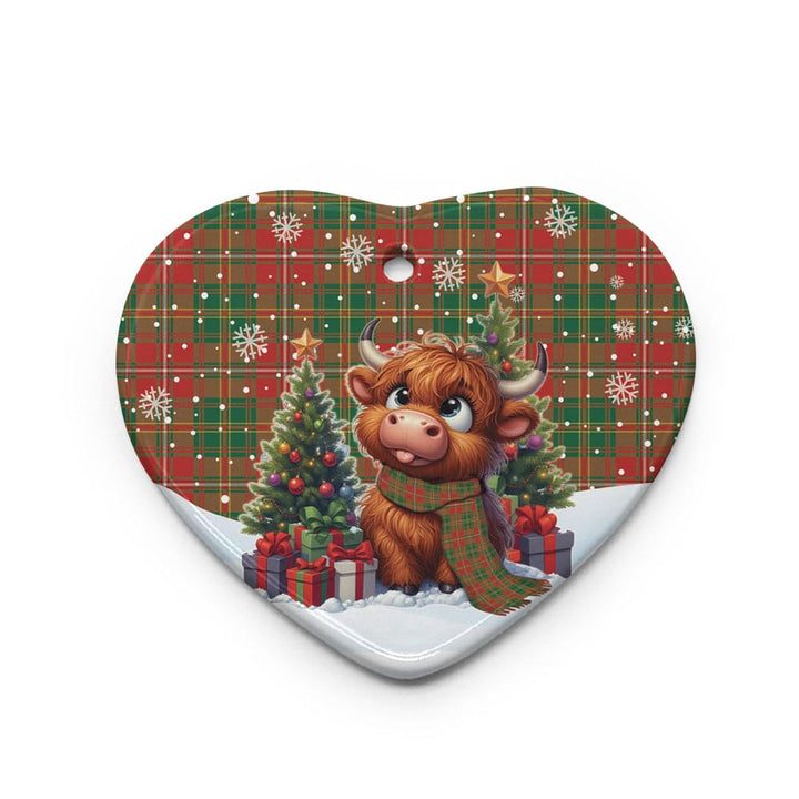 Scottish Hay Ancient Clan Tartan Ceramic Ornament Cute Highland Cow Christmas Heart Style Tartan Plaid