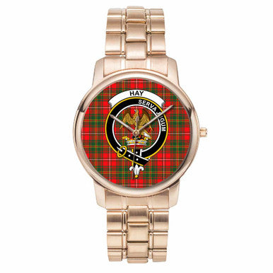 Scottish Hay Clan Crest Tartan Folding Clasp Steel Quartz Watches Tartan Plaid Rose Gold 1