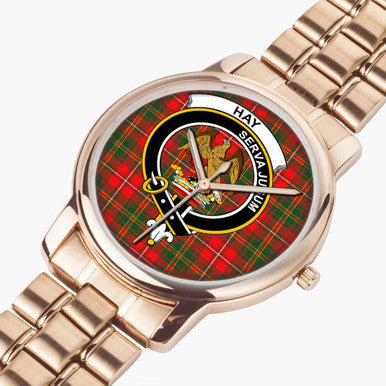 Scottish Hay Clan Crest Tartan Folding Clasp Steel Quartz Watches Tartan Plaid Rose Gold 2