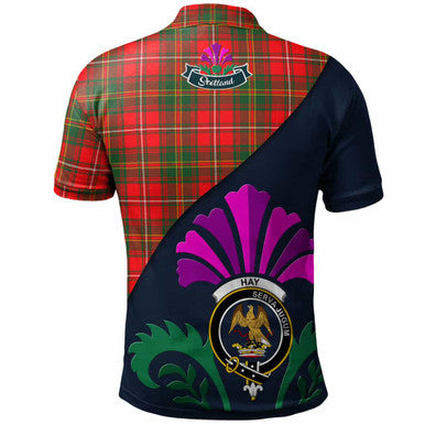 Scottish Hay Clan Crest Tartan Polo Shirt - Scotland Thistle Style Back Side Tartan Plaid