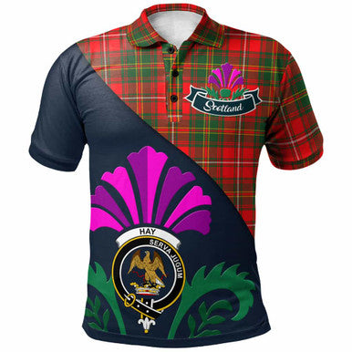 Scottish Hay Clan Crest Tartan Polo Shirt - Scotland Thistle Style Front Side Tartan Plaid