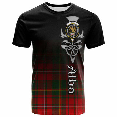 Scottish Hay Clan Crest Tartan T-Shirt - Alba Gu Brath Family Crest Celtic Inspired Front Side Tartan Plaid