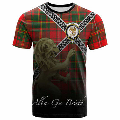 Scottish Hay Clan Crest Tartan T-Shirt - Celtic With Scotland Lion Front Side Tartan Plaid