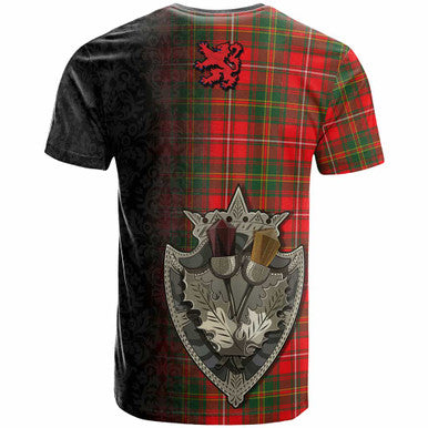 Scottish Hay Clan Crest Tartan T-Shirt - Half Thistle Flowers Celtic Design Back Side Tartan Plaid
