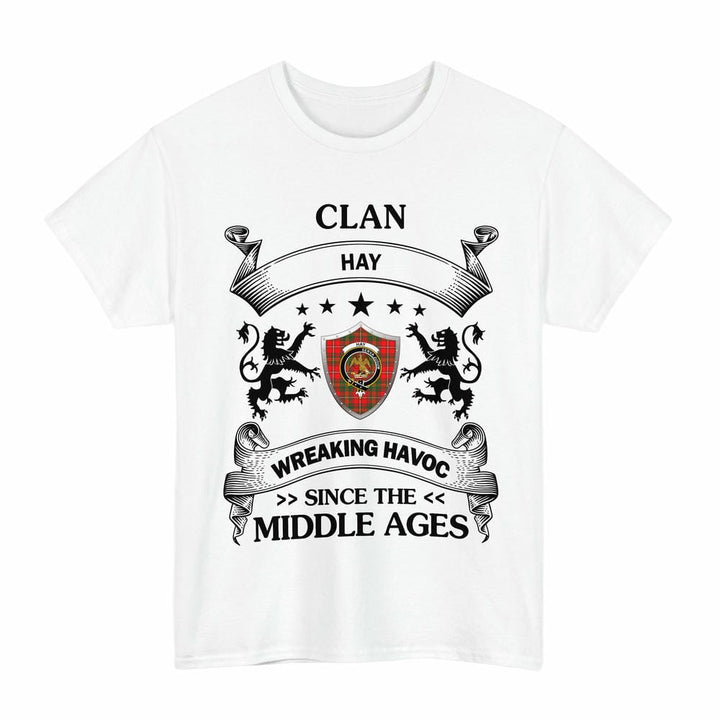 Scottish Hay Clan Crest Tartan T-Shirt Wreaking Havoc Design Tartan Plaid White Color