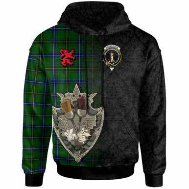 Scottish Henderson Clan Crest Tartan Hoodie - Half Thistle Flowers Celtic Design Front Side Tartan Plaid