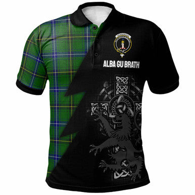 Scottish Henderson Clan Crest Tartan Polo Shirt - Lion Rampant Celtic Cross Flash Style Front Side Tartan Plaid