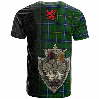Scottish Henderson Clan Crest Tartan T-Shirt - Half Thistle Flowers Celtic Design Back Side Tartan Plaid