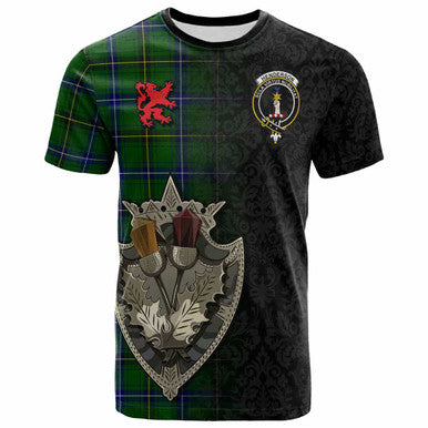 Scottish Henderson Clan Crest Tartan T-Shirt - Half Thistle Flowers Celtic Design Front Side Tartan Plaid