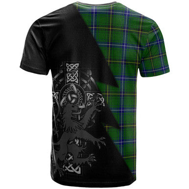 Scottish Henderson Clan Crest Tartan T-Shirt - Lion Rampant Celtic Cross Flash Style Back Side Tartan Plaid