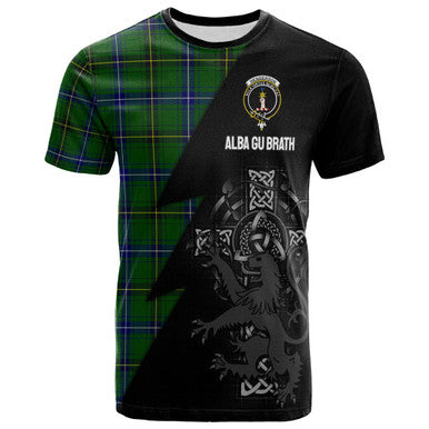 Scottish Henderson Clan Crest Tartan T-Shirt - Lion Rampant Celtic Cross Flash Style Front Side Tartan Plaid