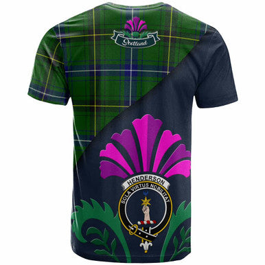 Scottish Henderson Clan Crest Tartan T-Shirt - Scotland Thistle Style Back Side Tartan Plaid