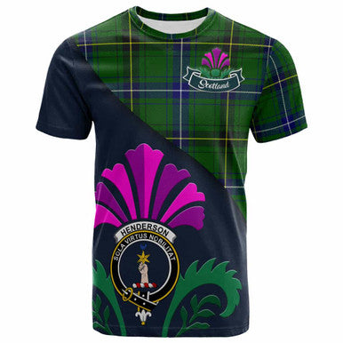 Scottish Henderson Clan Crest Tartan T-Shirt - Scotland Thistle Style Front Side Tartan Plaid