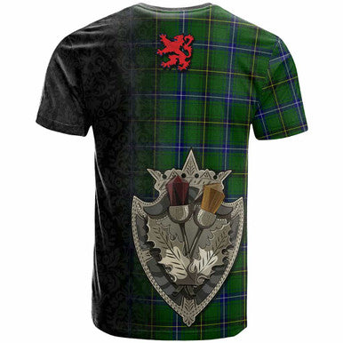 Scottish Henderson Modern Clan Tartan T-Shirt - Half Thistle Flowers Celtic Design Back Side Tartan Plaid