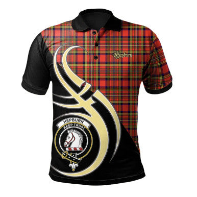 Scottish Hepburn Clan Crest Tartan Polo Shirt Believe in Me Front Side Tartan Plaid