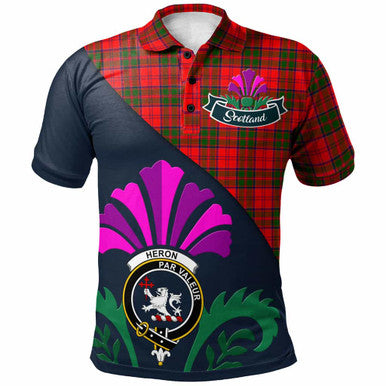 Scottish Heron Clan Crest Tartan Polo Shirt - Scotland Thistle Style Front Side Tartan Plaid