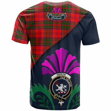 Scottish Heron Clan Crest Tartan T-Shirt - Scotland Thistle Style Back Side Tartan Plaid