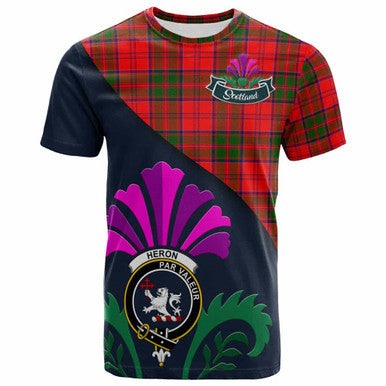 Scottish Heron Clan Crest Tartan T-Shirt - Scotland Thistle Style Front Side Tartan Plaid