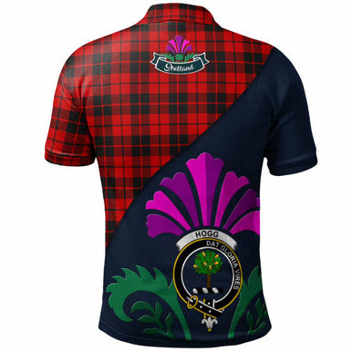 Scottish Hogg (or Hog) Clan Crest Tartan Polo Shirt - Scotland Thistle Style Back Side Tartan Plaid